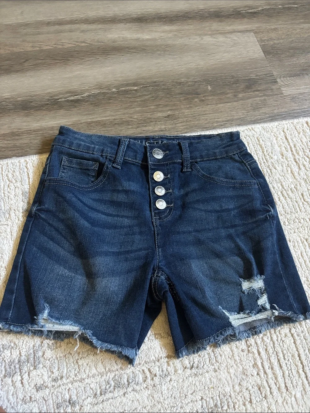 Justice Dark Blue Distressed Denim Button-Fly Shorts